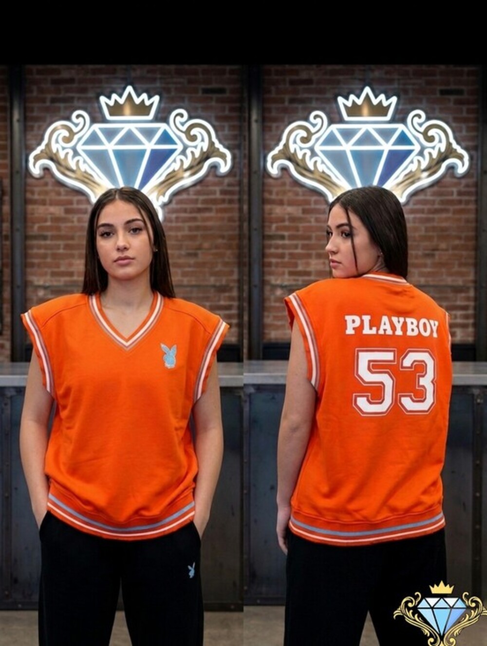 Playboy x Missguided Orange Distressed Hems Varsity Jersey Vest Top Size 10